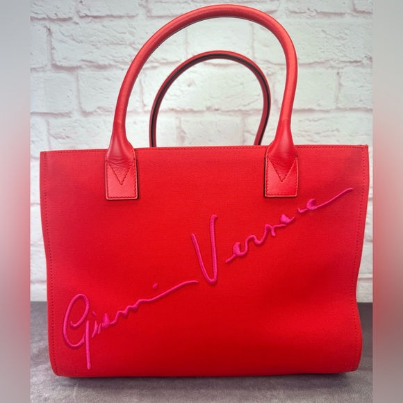 Versace Handbags - VERSACE Canvas Suppler Calfskin Cabas GV Signature Tote Red